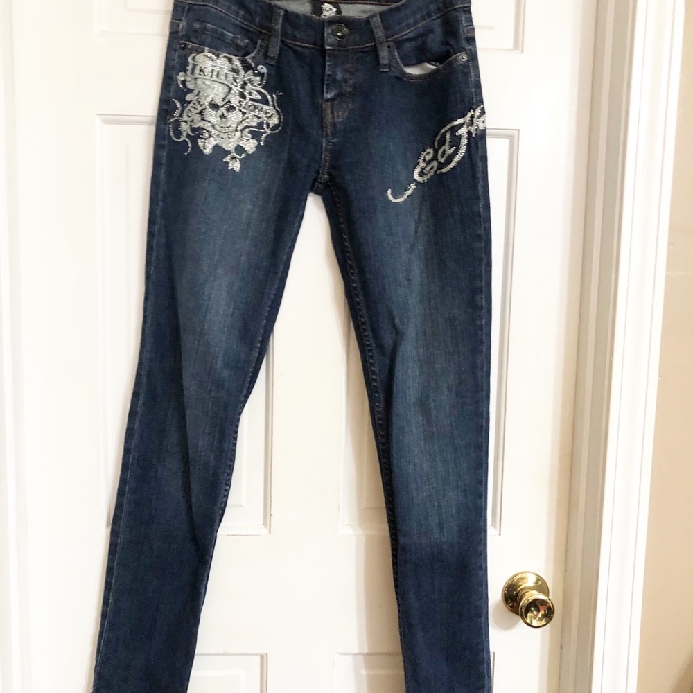 Ed Hardy Crystal Rhinestone Skull Skinny Jeans